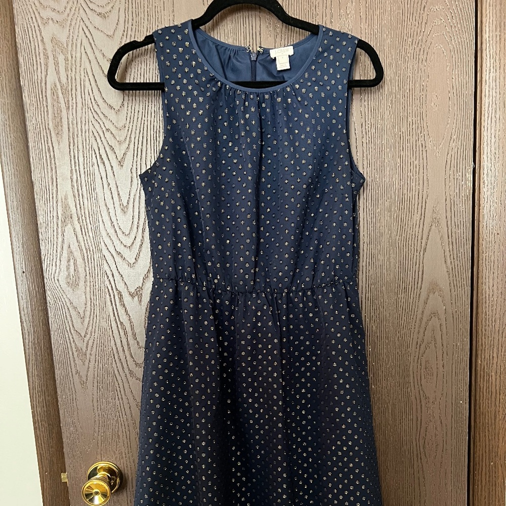 J.Crew Factory Navy and Gold Polka Dot Dress - Size: 6